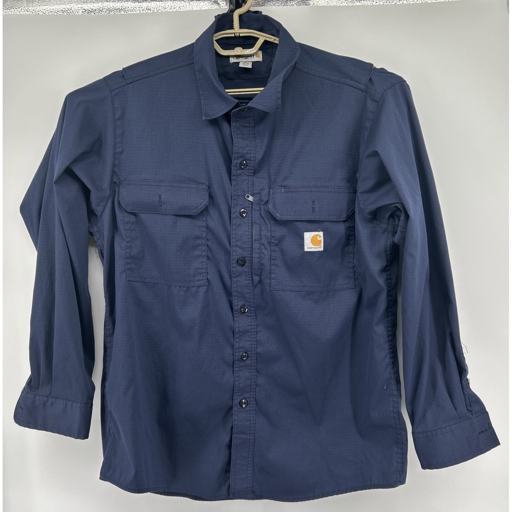 Carhartt Long Sleeve Work Shirt Navy Blue Front Zipper Pockets Men's Large